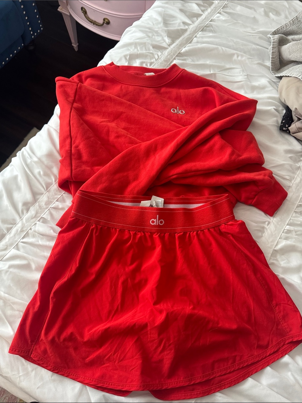 ALO Yoga Women’s Red Lounge Crop Sweatshirt & Skirt Set